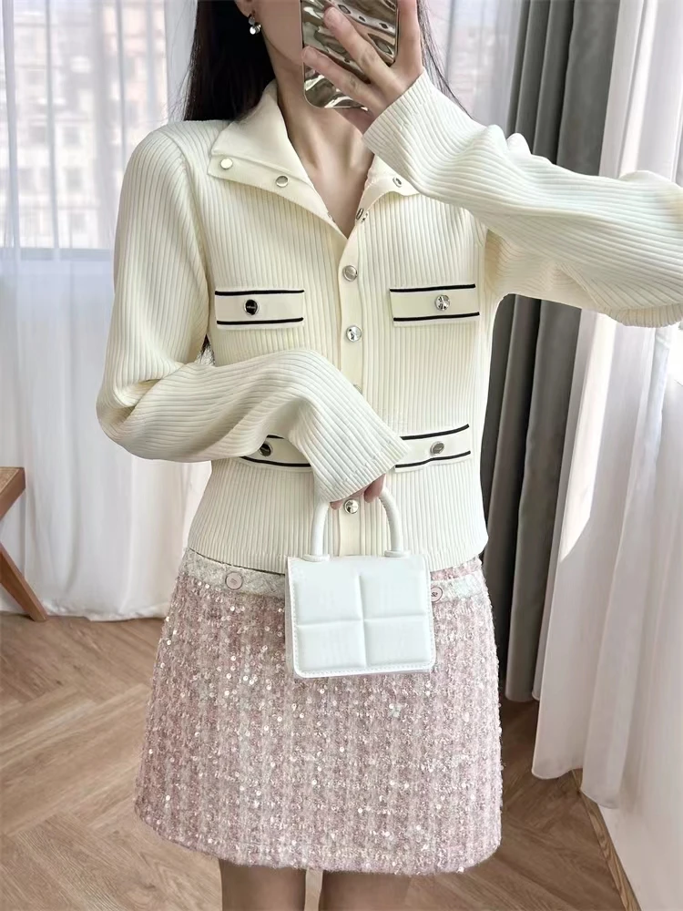 Cardigan for Women Slim-Fit Knitted Top, Simple Commute, High Neck, Short, French Style Design, Early Spring, 2022, NewCardigan