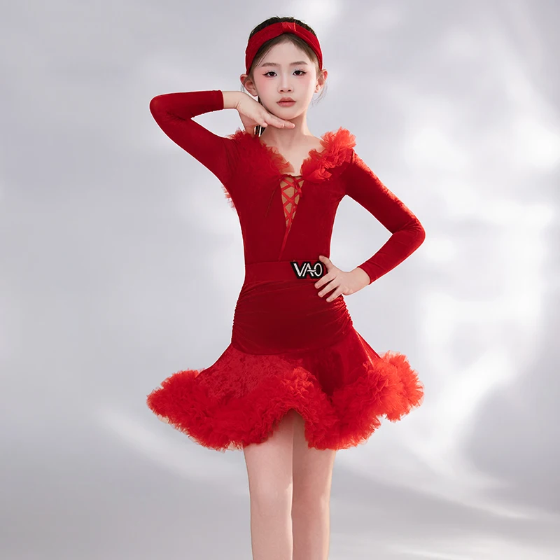 

Одежда для соревнований по латинским танцам 2024, красные юбки с разрезом для девочек, платье для самбы, чачи, танго, детское платье для латинской сцены XH3830