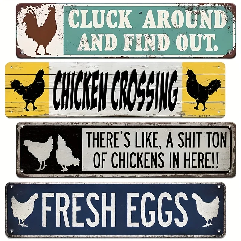 Decorative Signs And Plaques 4pcs Set Farmhouse Metal Signs, Chicken Crossing, Whimsical Farm Decor, Chicken Design, Country