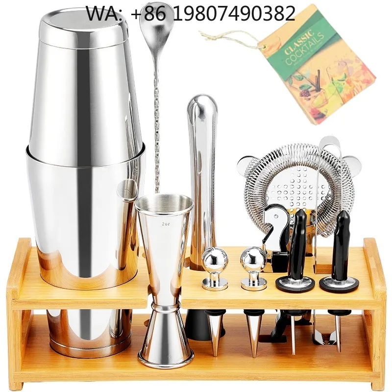 Eco Friendly Complete Bartender Supply Set, 14Pcs Dual Size 600/750ml Boston Shaker With Recipe Book Wooden Storage Stand