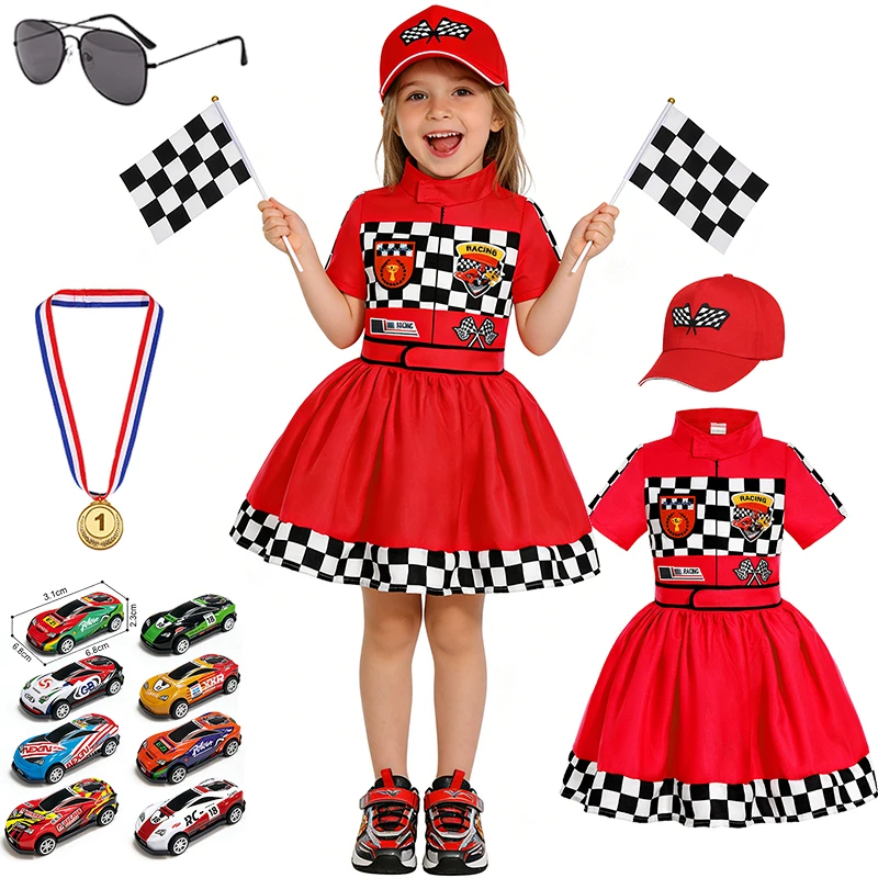 Race Car Driver Girls Outfits Red Black Checkerboard Racing Dress Halloween Cosplay Birthday Party Performance Children Costume