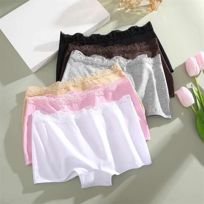 FINETOO Cotton Boxers Underwear For Women Ladies Sexy Lace Safety Short Pants Seamless Large Size Boyshorts Low Waist Lingerie