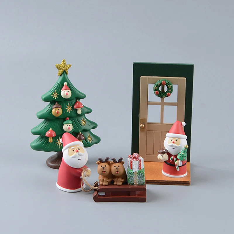 Christmas Tree Santa Claus Door Trailer Sled Elk Snowman Mini Figures DIY Desktop Home Landscape Decoration Model for Kids Toys