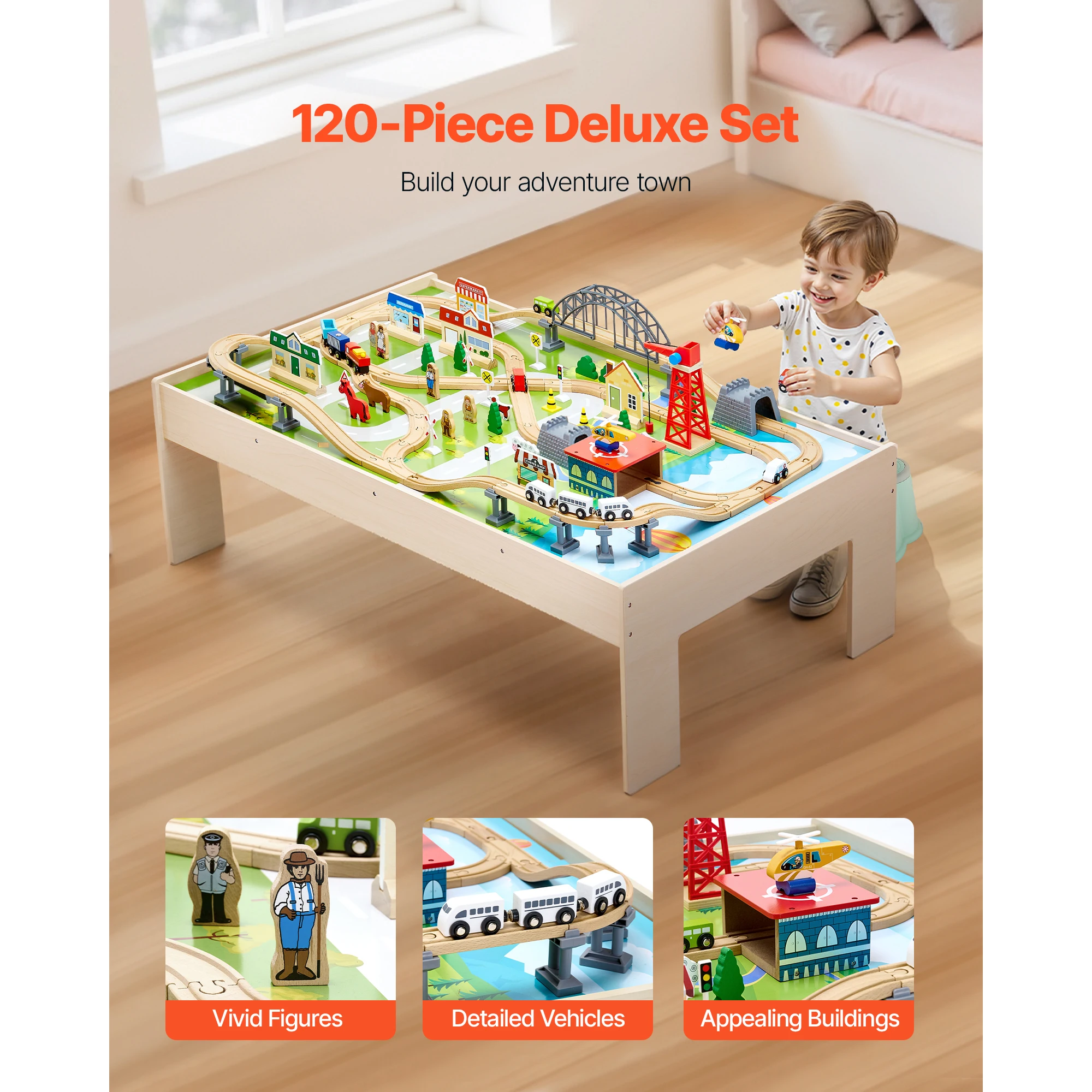 SucceBuy Table de Train en bois 3 en 1, 120 pièces, accessoires multicolores, Table d'activité pour enfants, ensemble de jouets pour enfants, jeu, dessin, lecture