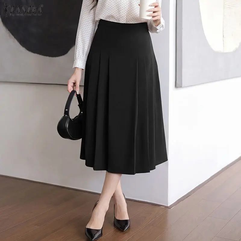 ZANZEA Elegant OL Work Summer Thin Women Skirts Solid Color Long Skirt Pleated Bottoms Party Vestidos Streetwear Oversize S-2XL