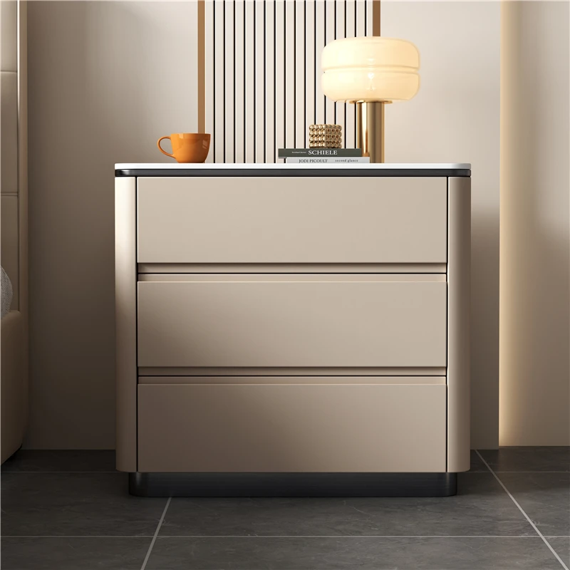 

Bedside table, three-bucket cabinet, bedroom, simple modern light luxury, rock slab countertop, three drawers, all solid wood fr