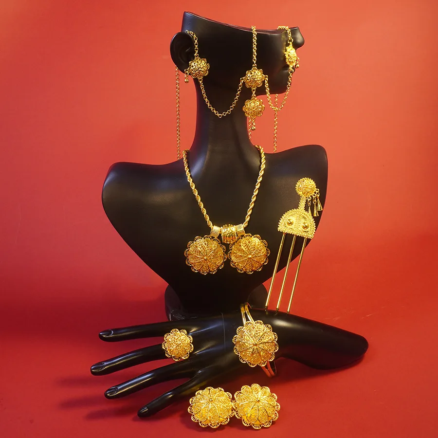 

9999 gold Middle East jewelry set - necklace, earrings, ring, hairpin, forehead chain, bracelet