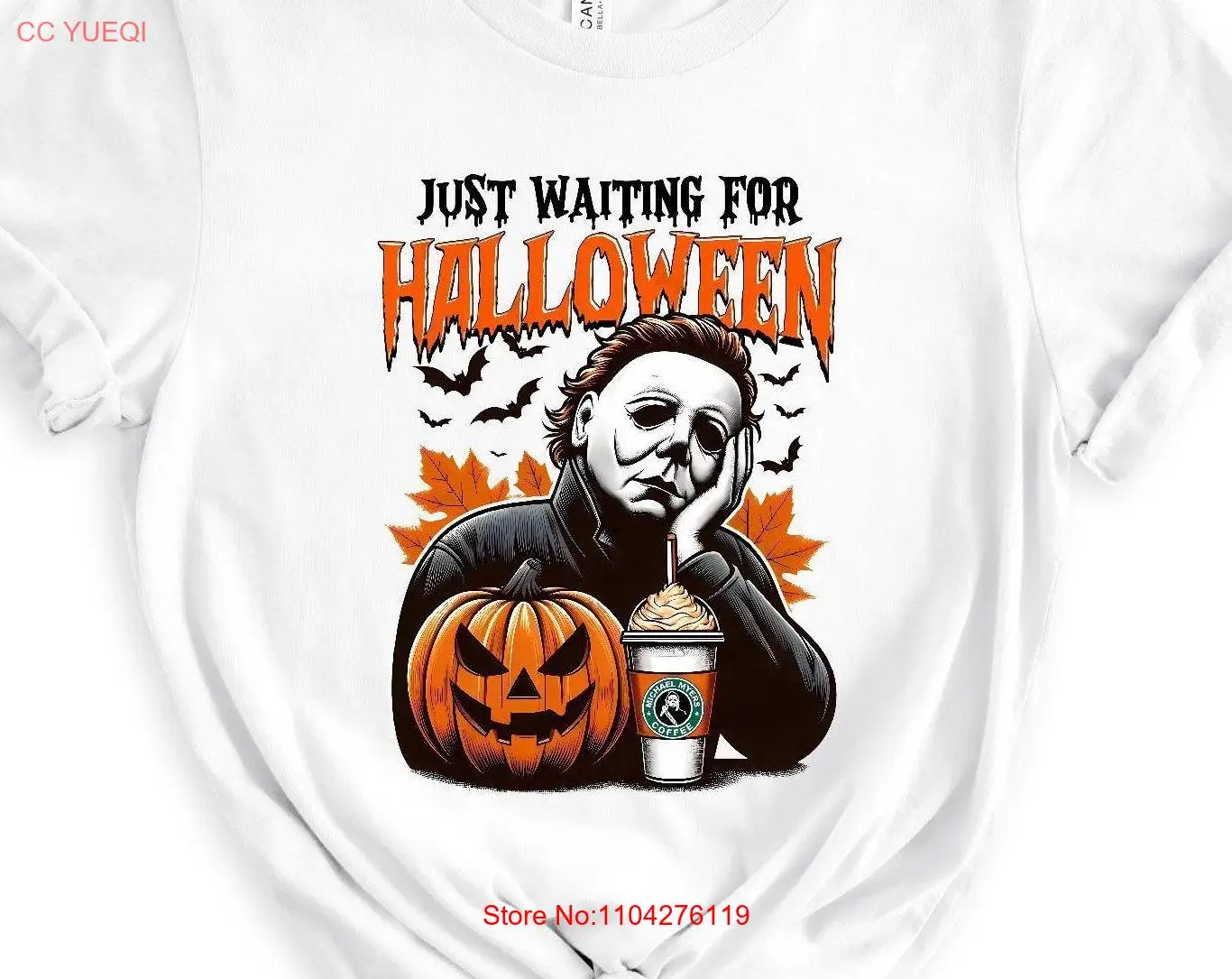 Just Waiting For Halloween T Shirt Horror Spooky Season Trick or Treat Coffee  long or short sleeves