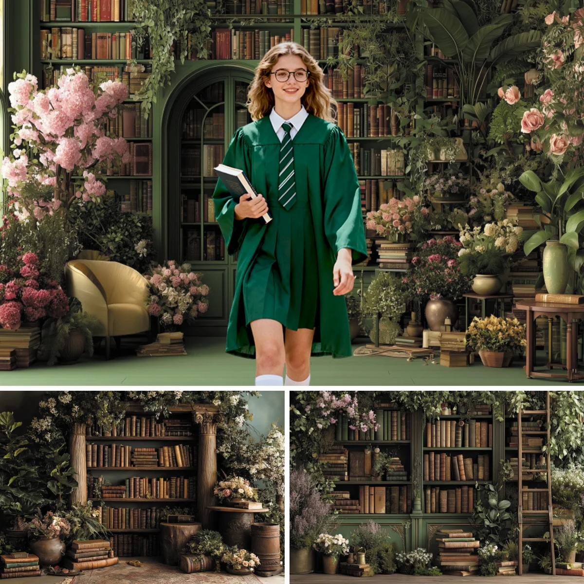 Garden Retro Bookshelf Photography Backdrop Spring Easter Flowers Girls Back To School Learning Portrait Decor Photo Background