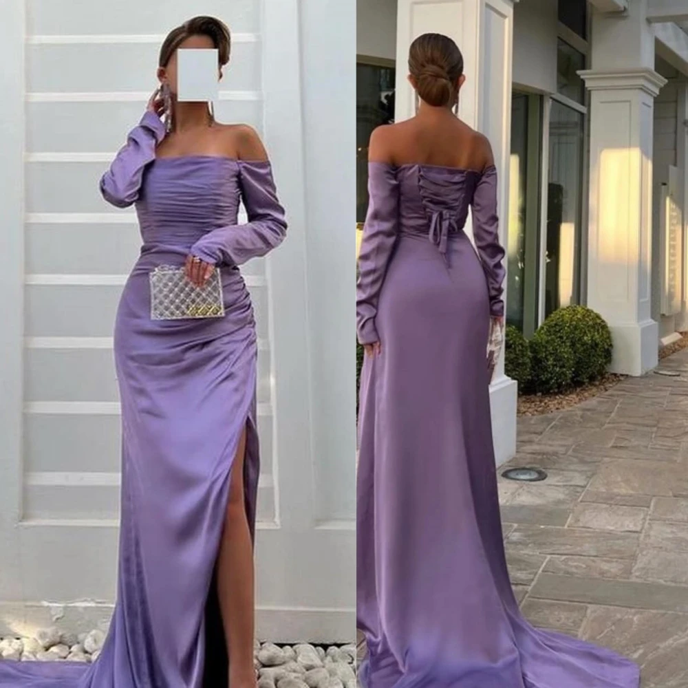 Personalizado jiayigong elegante moda fora do ombro a linha vestidos de noite aberto volta fita guarnição s vestido personalizado