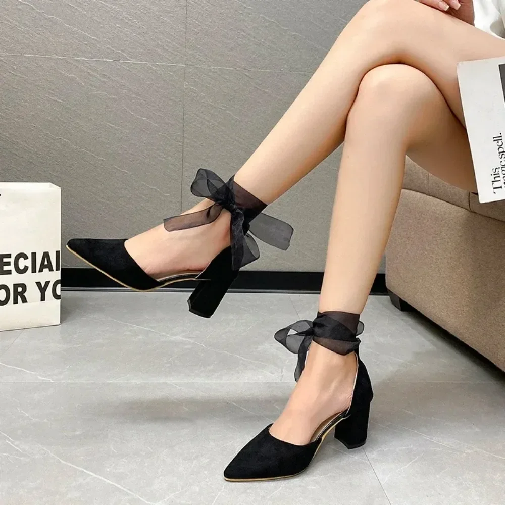 Women's High Heels Dress Velvet Ribbon Ankle Elegant Single Shoes 2024 Summer Fashion Slips Shallow Mouth Women's High Heels