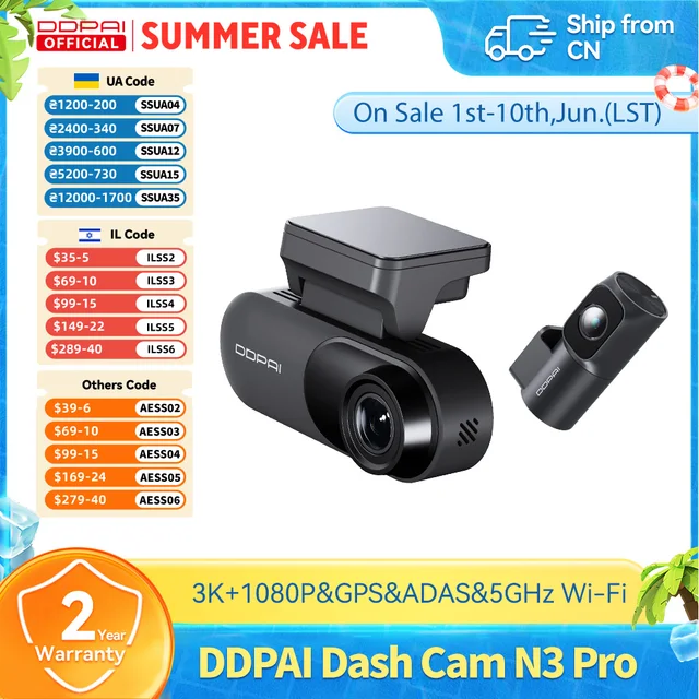 Kamera samochodowa DDPAI Mola N3 Pro, rejestrator jazdy z przodu i z tyłu, rejestrator samochodowy 3K, kamera DVR z GPS, monitoring parkowania 24H