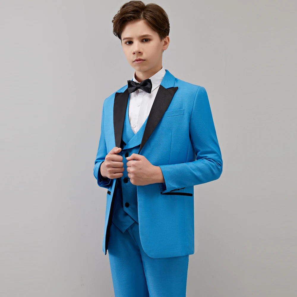 Boys Formal Suit Wedding Campus Student Tuxedo Dress Gentleman Kids Jacket Vest Pants 3Pcs Ceremony Costume  Blue