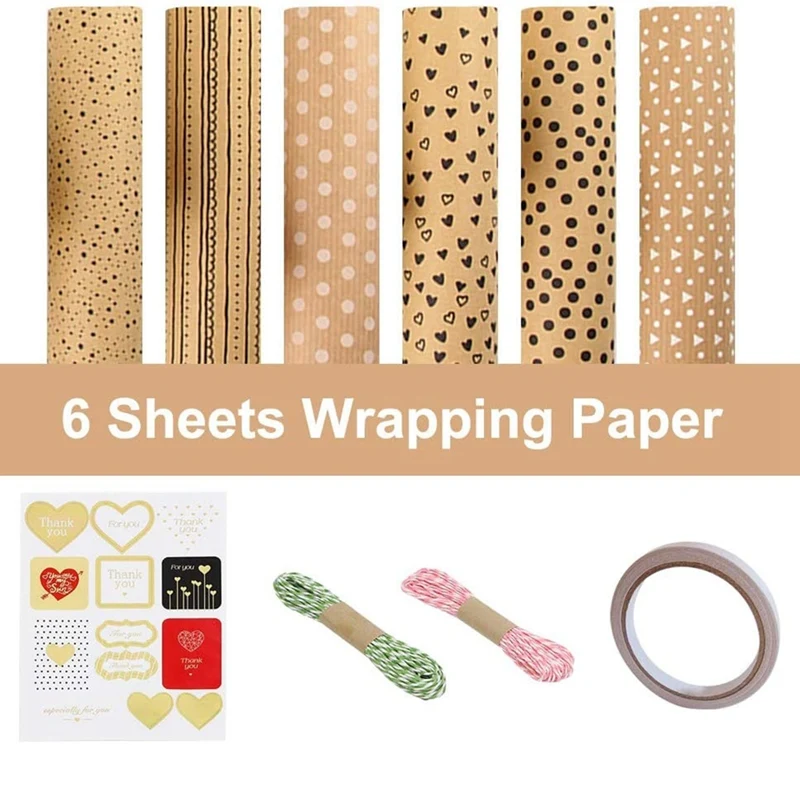 Kraft Wrapping Paper Set,12 Sheets Brown Gift Wrap Paper Multi Pattern Lattice Wave Dot Stripe For Holiday Wedding Wrap