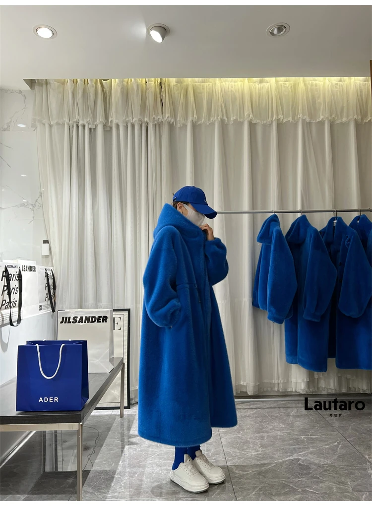 Lautaro Winter Long Oversized Warm Thick Blue White Fluffy Faux Fur Coat Women with Hood 2022 Loose Casual Korean Style Fashion