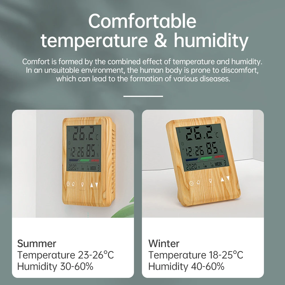 Pantalla Digital con retroiluminación inteligente para interiores, medidor electrónico de temperatura y humedad, despertador, calendario, instrumento de visualización