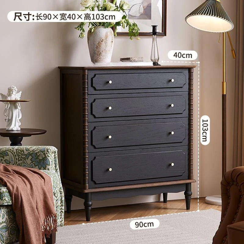 Cassettiera in legno massello in stile retrò francese, armadietto per soggiorno contro il muro, lato pranzo nero in legno di frassino medievale c