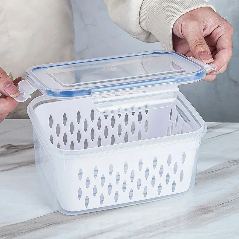 صندوق حفظ مختوم بطبقة مزدوجة، صندوق تخزين بلاستيكي لتصريف الفواكه والخضروات، طبقة مزدوجة عالية الشفافية للميكروويف