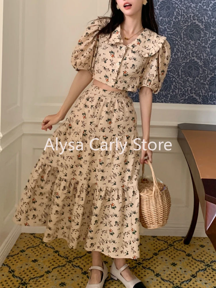 Vintage Floral Two Piece Set Women Elegant Cropped Top Slim A-line Long Skirt Sets Female Casual Sweet Printing Party Skirt Set