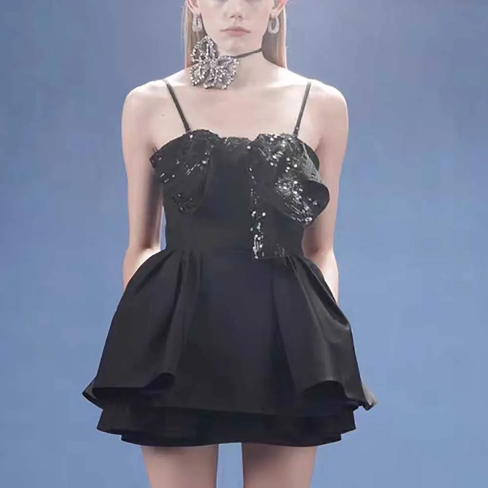 

Bow Sequins Decoration Women's Dress Y2k Pleated Slim Elegant Commuter Peplum Camisole 2024 Summer New