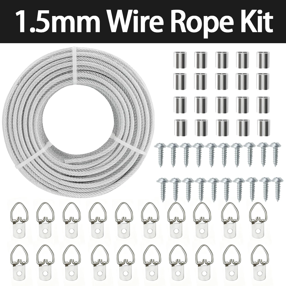 

1.5mm Transparent with PVC 304 Stainless Steel Wire Rope Suspension Kit 10/20M for Hanging Canvas Painting Frames and Flags