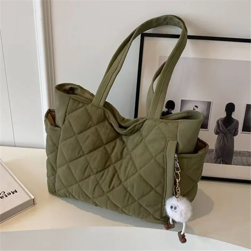 Women's Black & Beige Rhombus Quilted Handbag Nylon Handbags Shoulder Bag with Purse and Pendant for Women Tote Bag Everyday Use - view 4