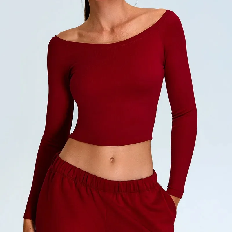 Yoga T-shirts Women Solid Sports Top Off Shoulder Long Sleeve Gym Workout Running Shirts Sexy Quick Dry Fitness Gym Sport Wear