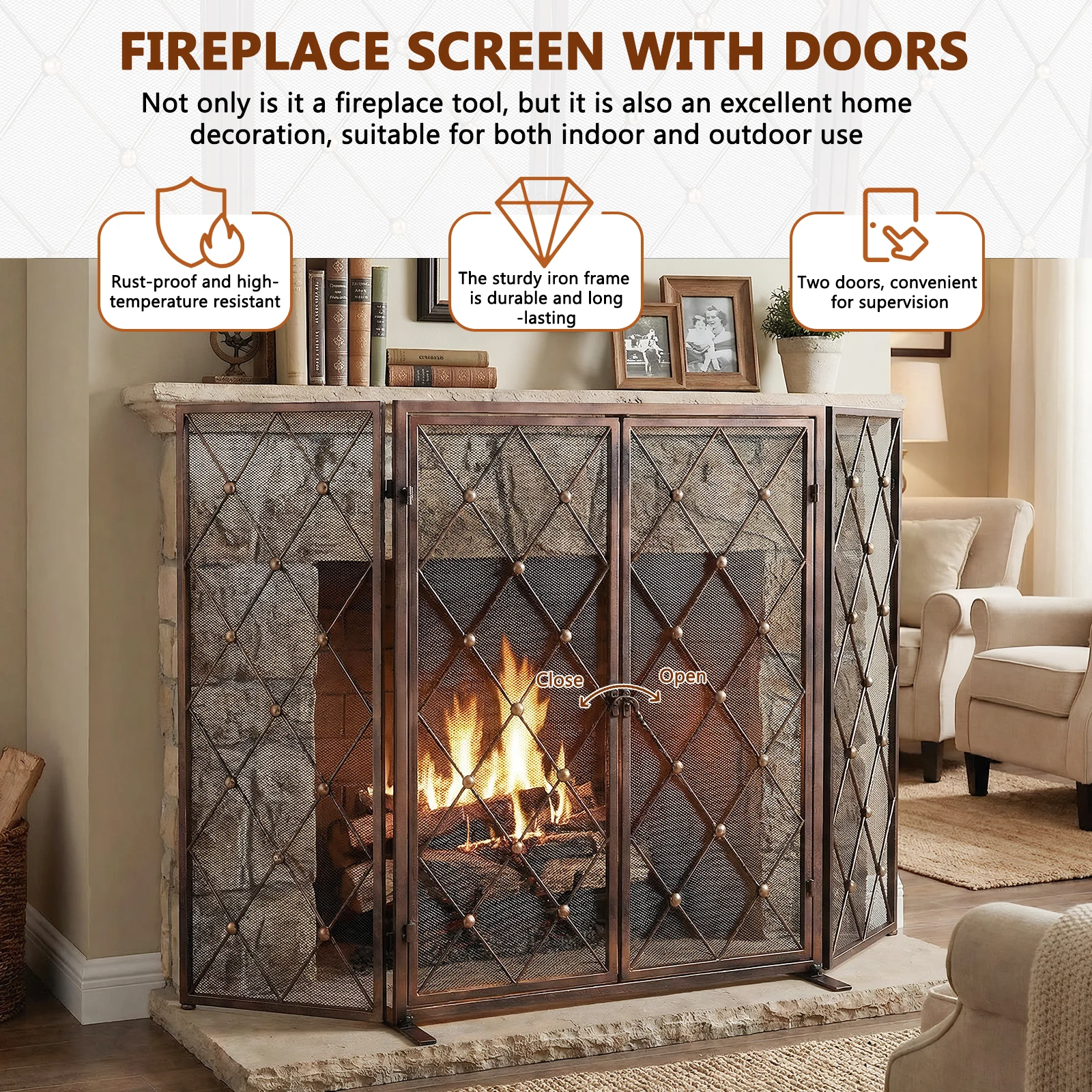 

32inch Fireplace Screen with Full Hinges Freestanding Folding Spark Guard Baby Safe Proof for Gas Log Hearth Outdoor Pit