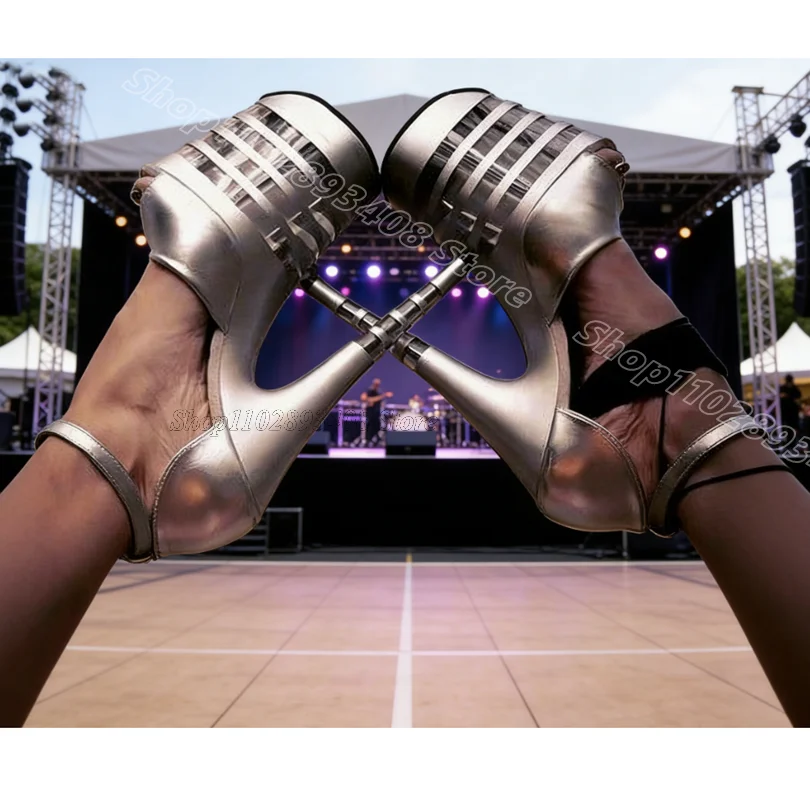 

Sliver Performance Splicing Platform Sandals Cover Heels Stiletto Ankle Buckle Women Party Dancing Sandals Zapatos Para Mujere