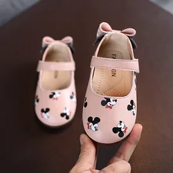 Mickey Cartoon print  Princess Girls Leather Shoes Bowknot Flat Heels Single Butterfly Shoes Kids Fashion Girls Birthday Gift