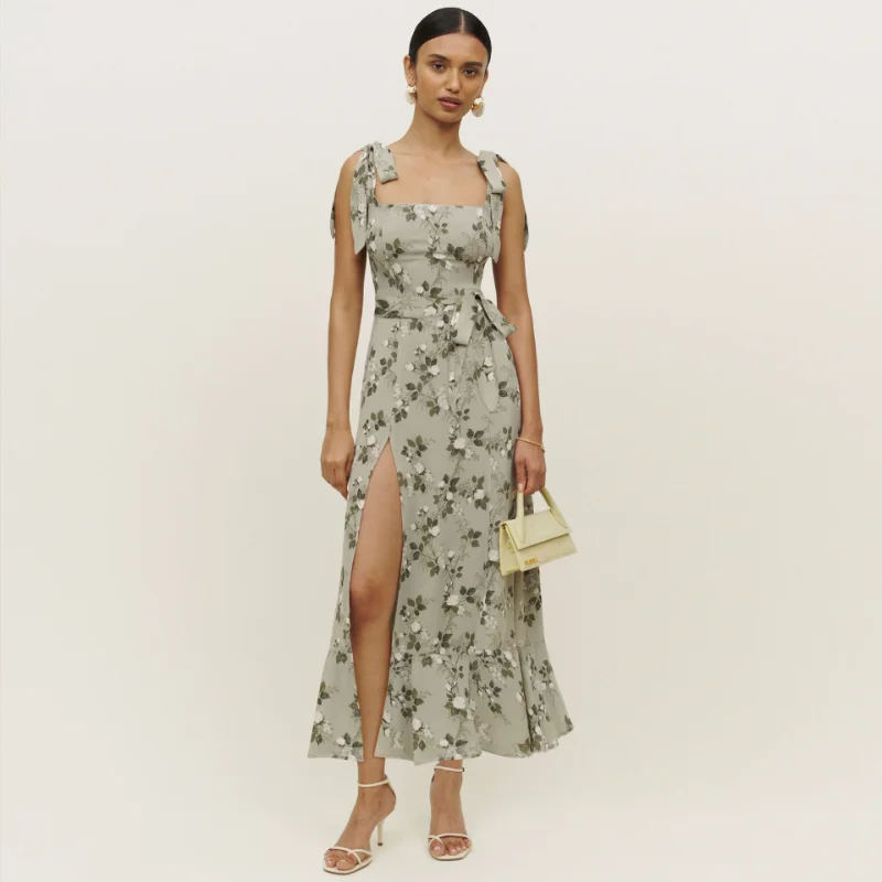 

New Kleider Frauen Spring Elegante Vintage Hohe Slit Sexy Midi Kleid Square Neck Sleeveless Binden Gurt Sommer Kleid Kleidung