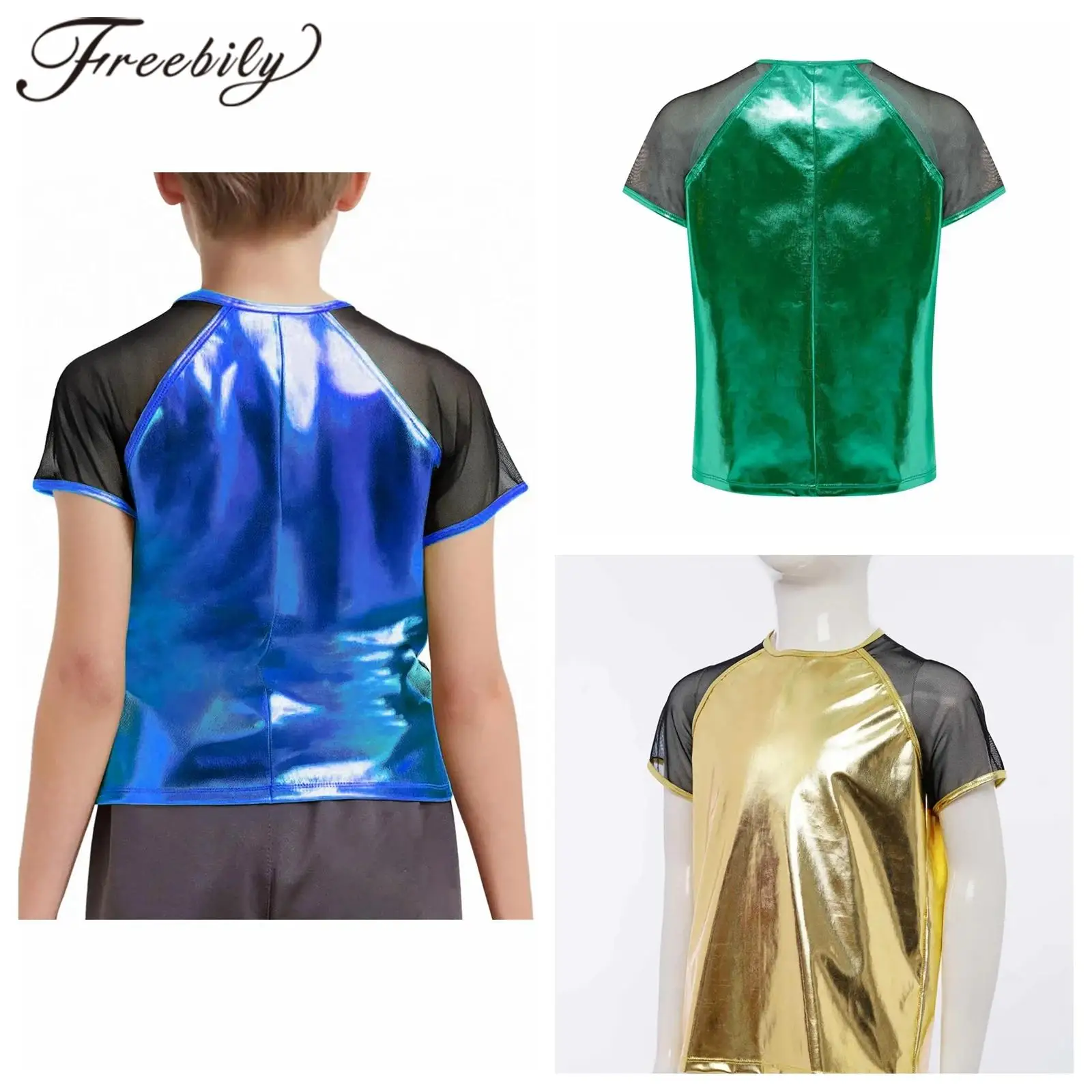 

Kids T-shirts Girls Boys Short Sleeves Top Metallic Hip Hop Clothes Jazz Dance Costume Disco Streetwear Children's T-shirt