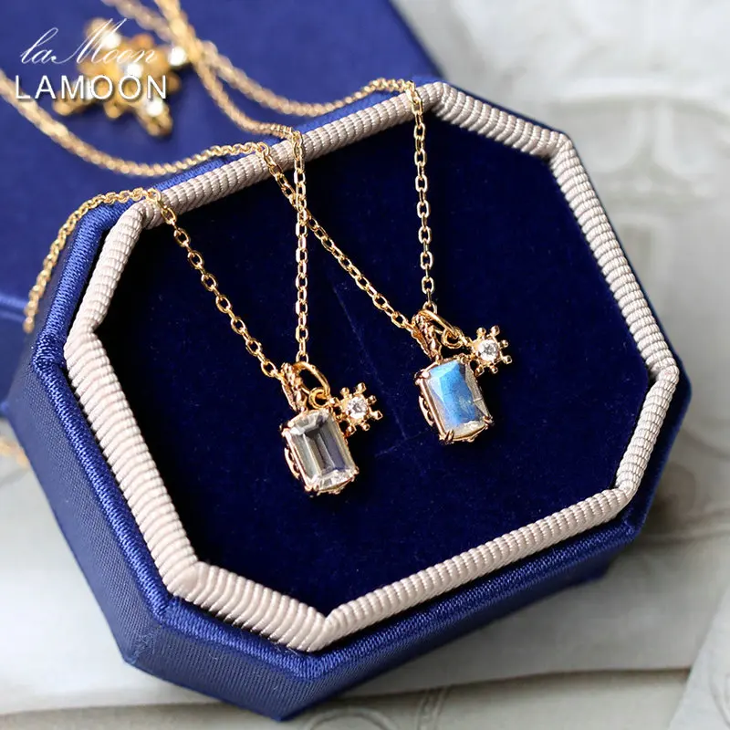 

LAMOON Natrual Labradorite Necklace For Women Gemstone Double Crystal Pendant 925 Sterling Silver Gold Plated Fine Jewelry Gift
