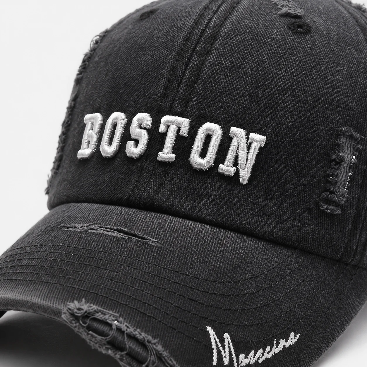 Distressed Boston Embroidered Baseball Cap Frayed Edge Details AdjustableCasual Streetwear Hat Vintage Washed Hip Hop FashionCap