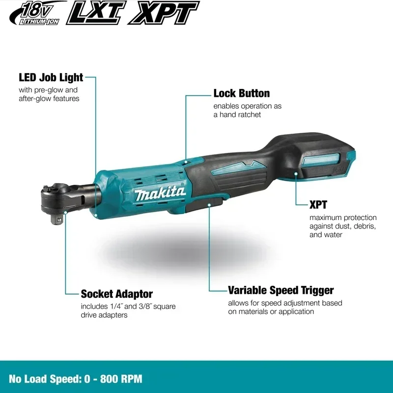 MAKITA DWR180Z 18V LXT Cordless Ratchet Wrench 6.35mm Drive 800RPM 47.5 N·m Angle Wrench Socket Wrench Power Tools DWR180