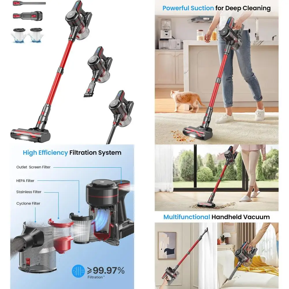 

Powerful Cordless Stick Vacuum Cleaner, 45-Minute Runtime, 6-in-1 for Hard Floors, Carpets, Pet Hair, 1.5L Dustbin