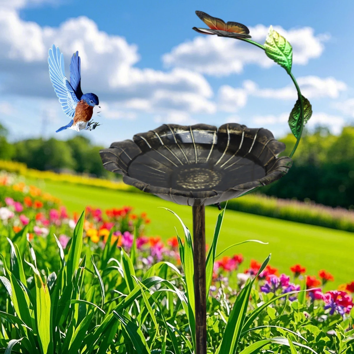 A Colorful Five-Legged Bird Bath and Feeder Combo, Outdoor Garden Floor-Standing Bird Waterer, Rust-Proof Wrought Iron Feeder, Courtyard Lawn Bird-Watching Supplies, Removable and Washable
