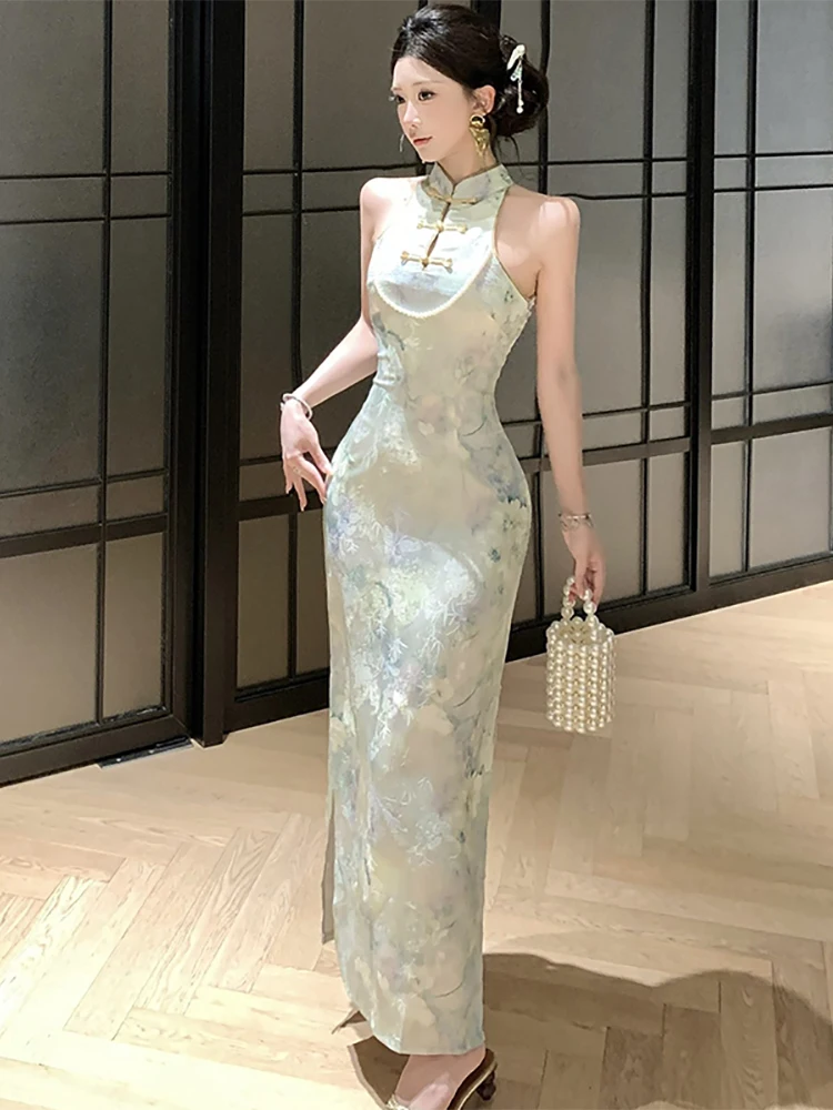 Summer Print Chic Beading Luxury Neck-mounted Dress Women Vintage Bodycon Evening Dress 2026 Korean Elegant Festival Party Dress