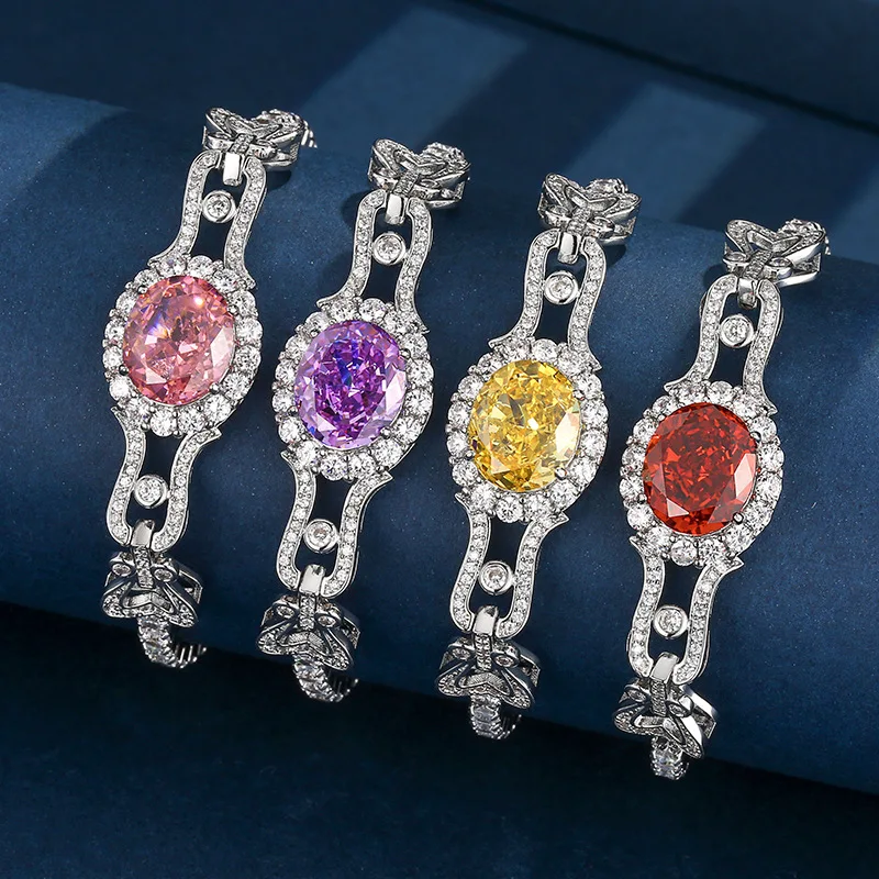 

Adjustable Bracelet with Oval Shaped Colored Red Pink Retro Style Shiny Cubic Zirconia Accents Elegant Party Jewelry for Women