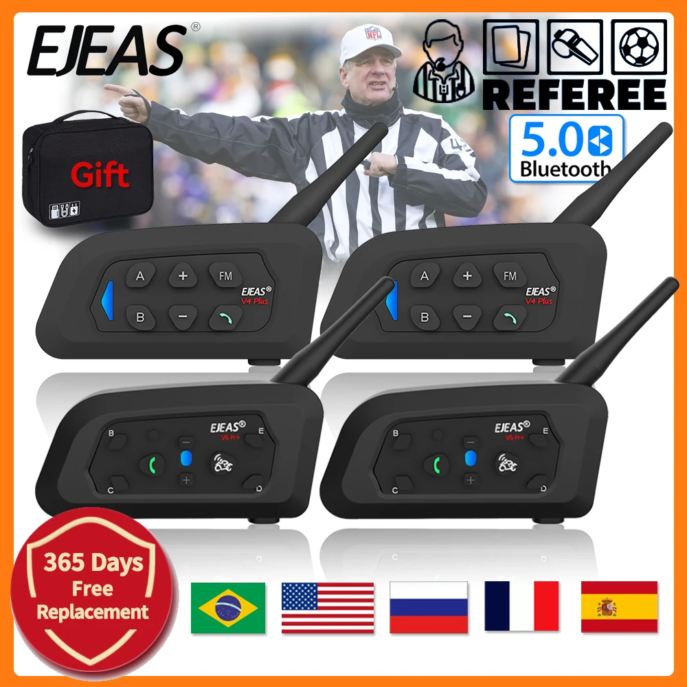 EJEAS 4/3User V4C/V6C Referee Intercom Headset Talk at the Same Time Bluetooth Soccer Conference Interphone 1200M Handbag Gift