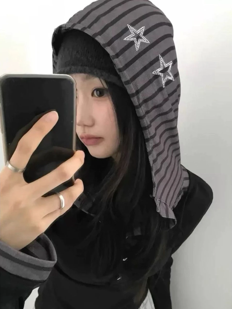 

Y2k Subculture Slim Hot Sweet Striped Fake Two Piece Футболки с капюшоном 2000-х Harajuku Повседневные американские винтажные футболки Корейская толстовка