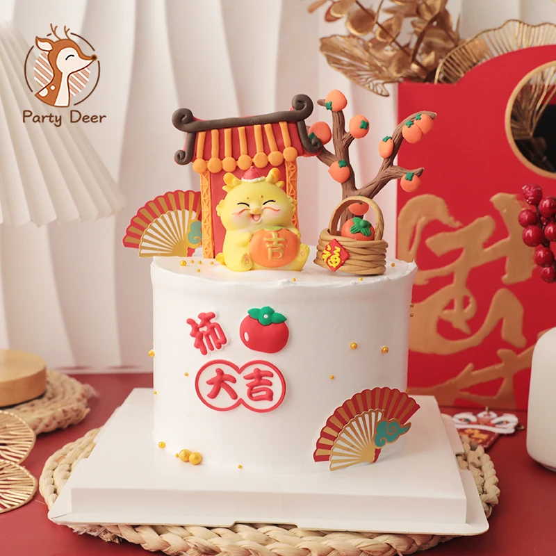 Spring Festival Cake Topper Chinese Style Dragon New Year Cake Decoration for Kids 1st Birthday Party Full Moon 100 Days Decor