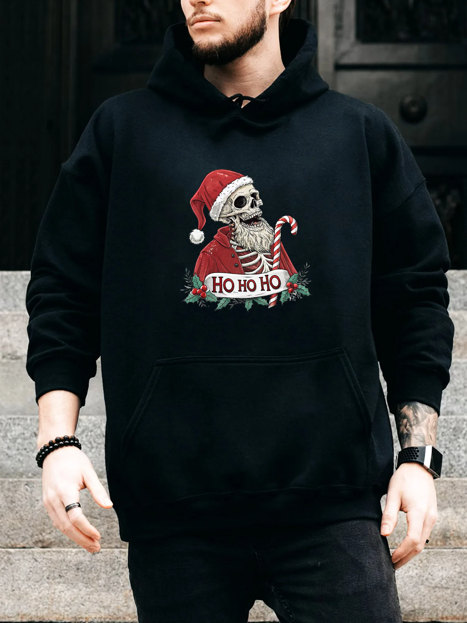 

Мужская толстовка с капюшоном на шнурке Santa Skeleton Ho — повседневный удобный черный пуловер, осенне-зимняя толстовка с капюшоном