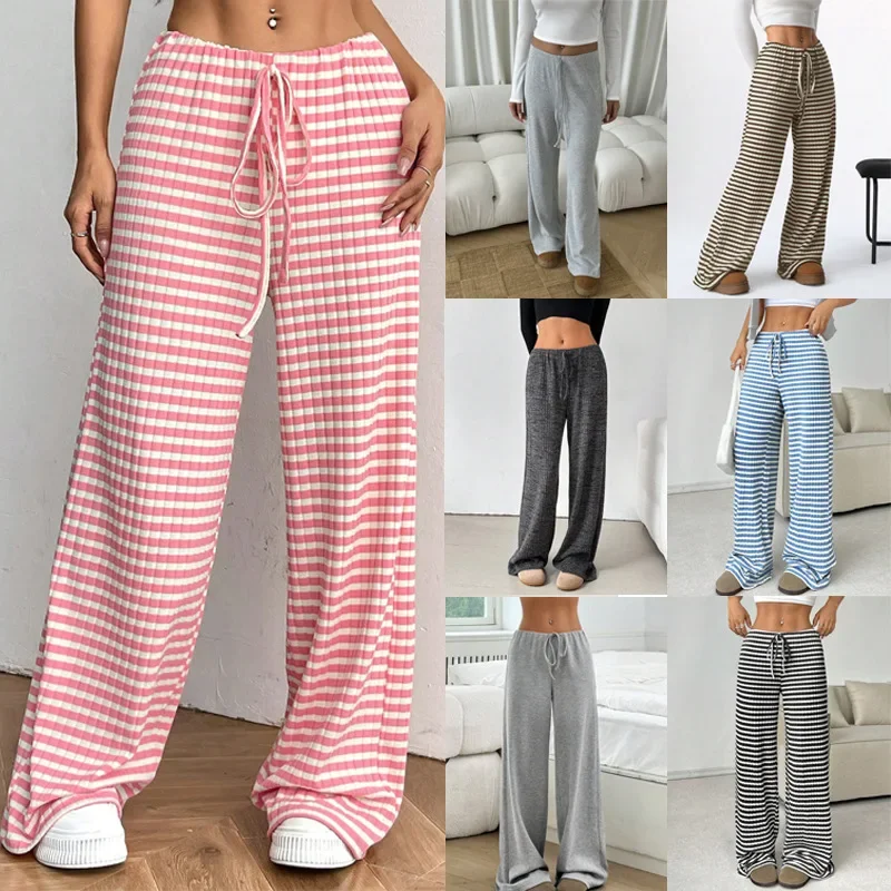 

Spring and summer casual women's pants, home lazy pure cotton straight leg pants, striped elastic drawstring tied pants