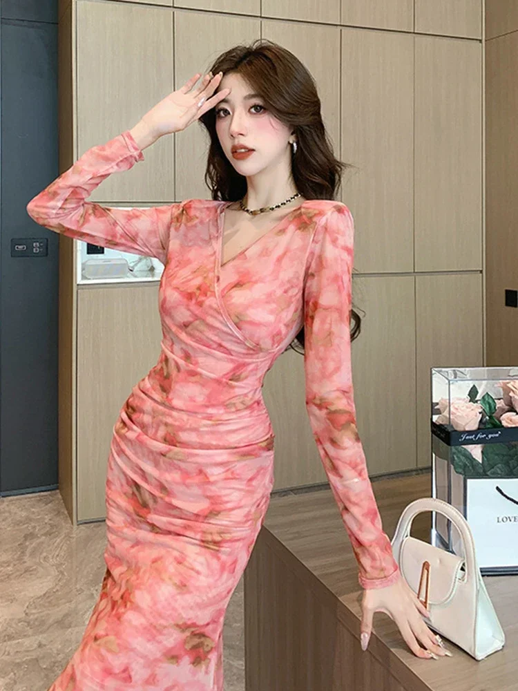 2024 New Mesh Pink Print 2 Pieces Outfits Women Ladies Elegant V-Neck Skinny Midi Robe Dress And Strap Slim Midi Long Dress Set