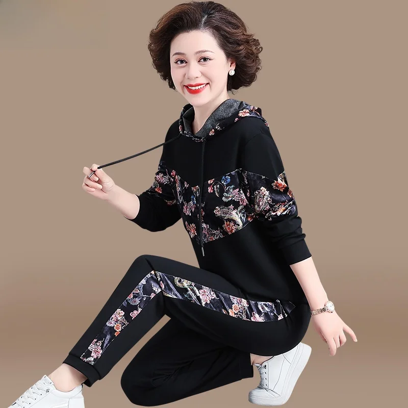 

Casual Sportswear Set for Middle-Aged Women Spring Autumn Faionable Top Mom's Spring Clothes 2025 New Hoodie Two-Piece Set