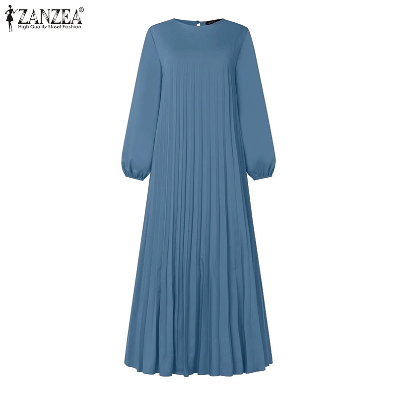 Ramadan Muslim Dress Abaya ZANZEA Casual Kaftan Women Long Sleeve Pleated Sundress Hijab Robe Femme IsIamic Clothing Eid Mubarek