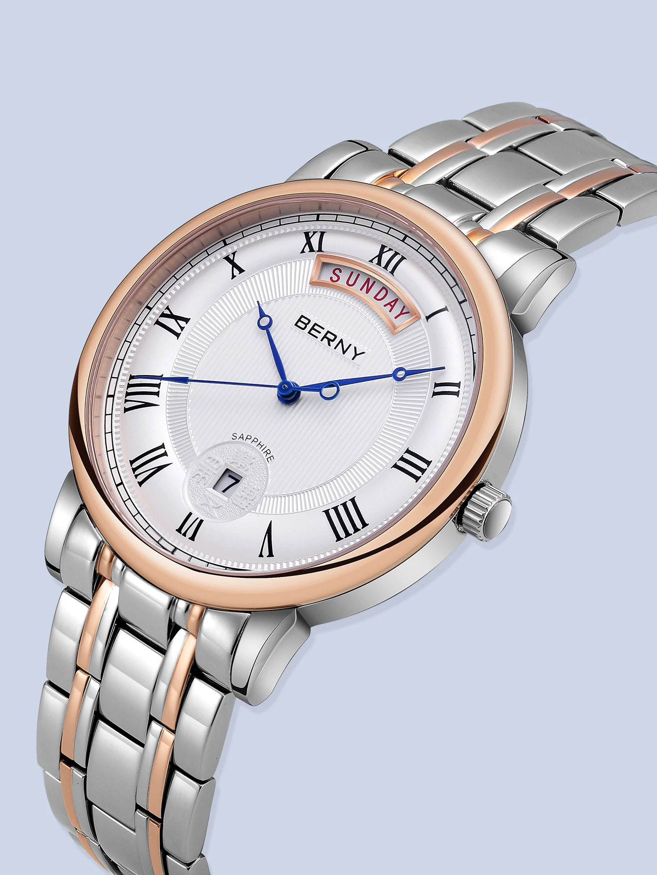 BERNY Quartz Watch for Men Ancient Coins Fortune Totem Dial Day Date Sapphire Stainless Steel Wristwatch Luxury Watches for Men