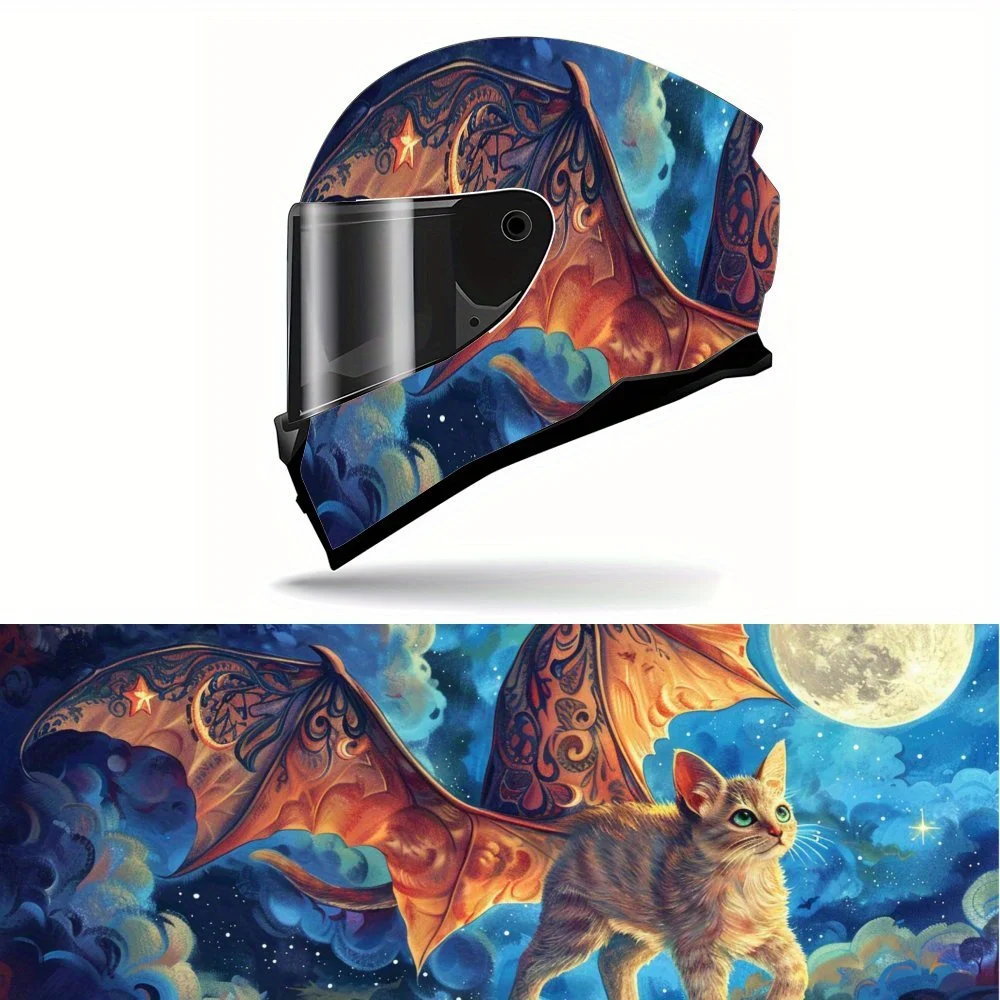 

Starry Sky Cat with Bat Wings Print Full Helmet Wrap Sticker Motorcycle Helmet Racing Graphic Decal Vinyl Wrap Helmet Decorative