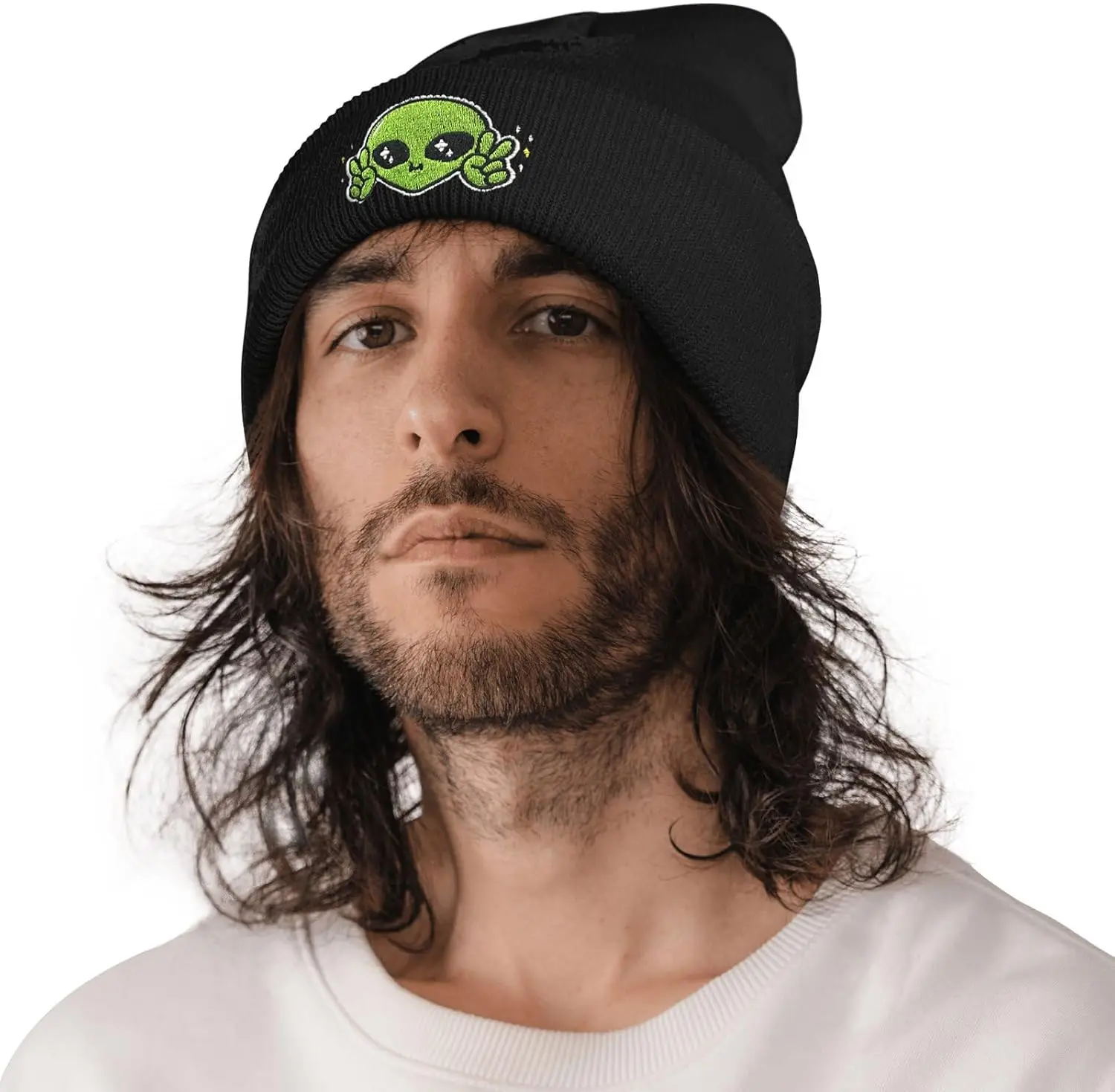 Cute Alien Peace Embroidery Beanie Hat for Men Women Winter Warm Stretch Skull Knit Hats Cap Black 2